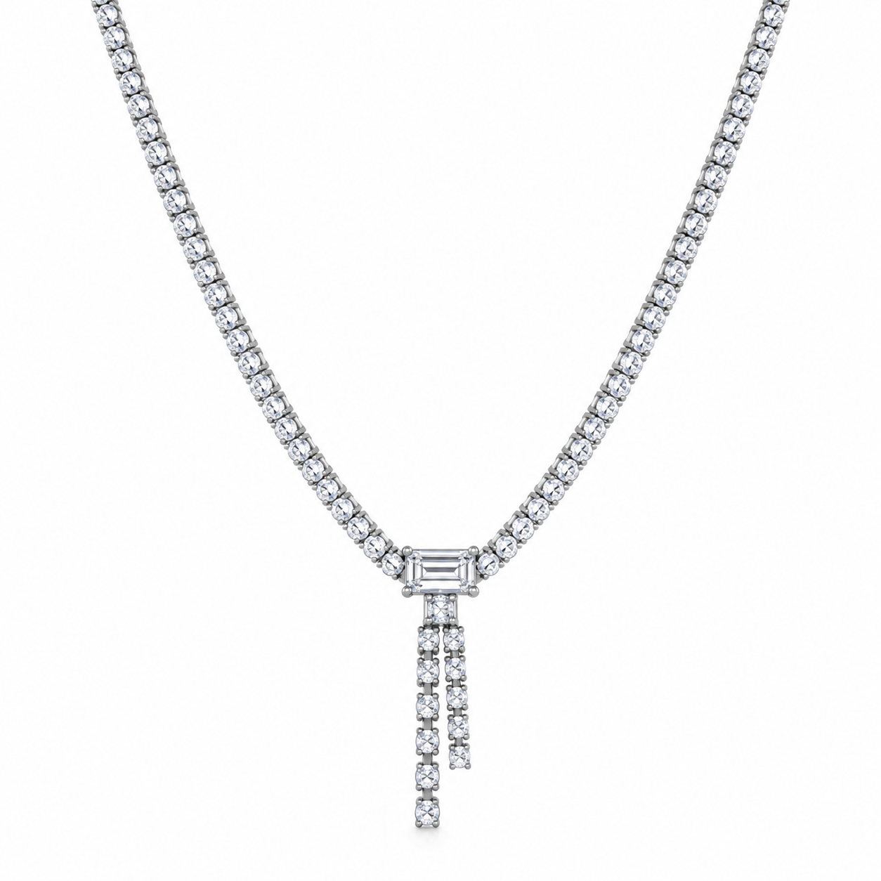 Baguette Drop Tennis Necklace – 925 Sterling Silver, 2mm