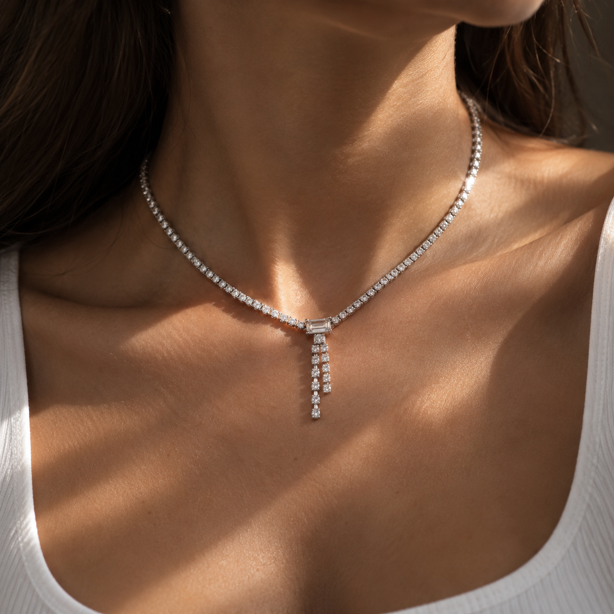 Baguette Drop Tennis Necklace – 925 Sterling Silver, 2mm