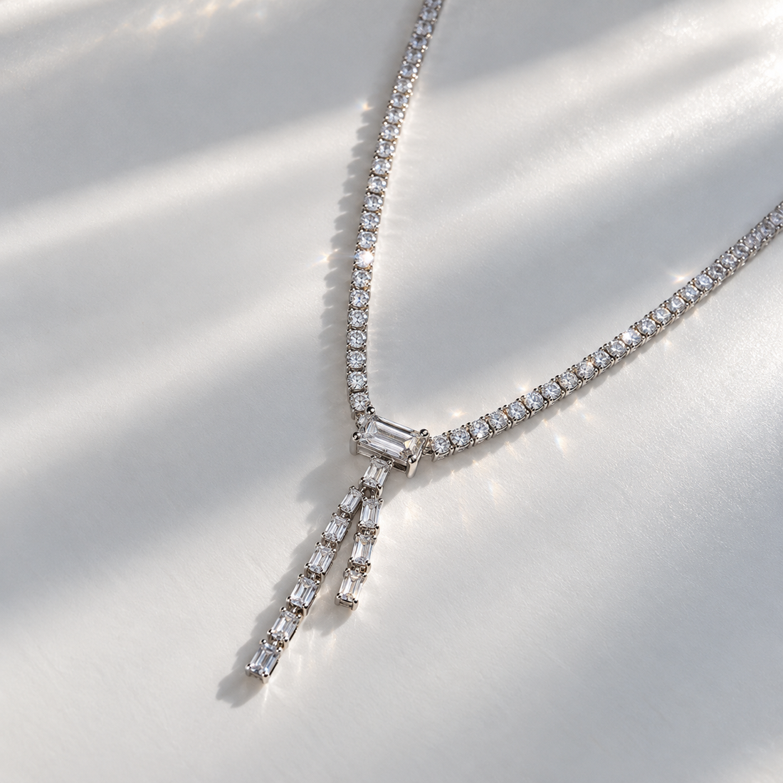 Baguette Drop Tennis Necklace – 925 Sterling Silver, 2mm