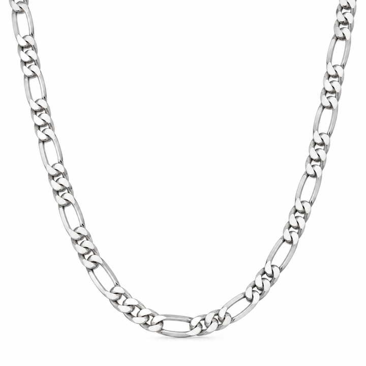 A silver-toned Figaro chain necklace with alternating elongated oval links and smaller alternating links, displayed against a solid white background.