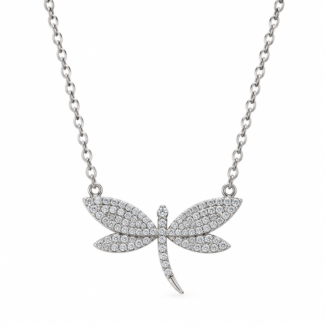 Shimmering Dragonfly Pendant Necklace - Pavé-Set 925 Sterling Silver Nature-Inspired Jewelry