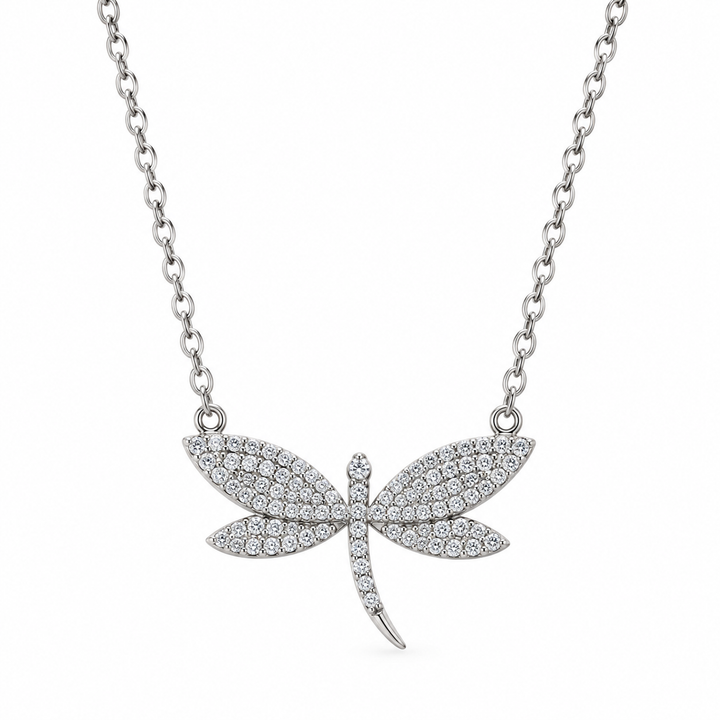 Shimmering Dragonfly Pendant Necklace - Pavé-Set 925 Sterling Silver Nature-Inspired Jewelry