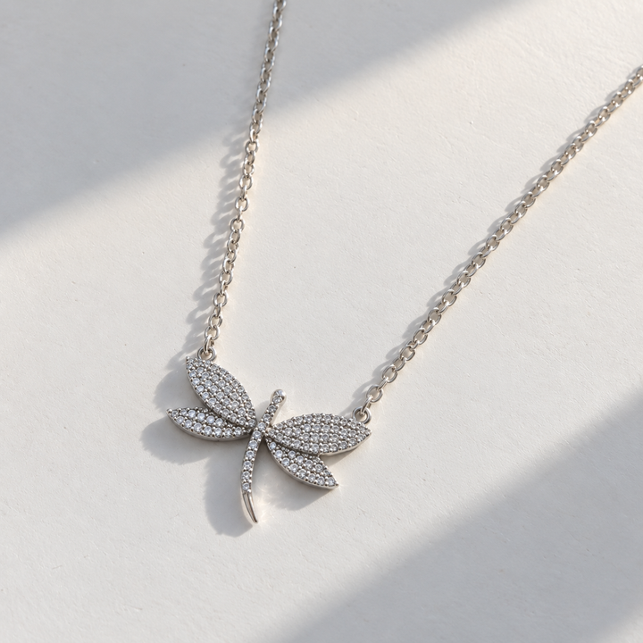 Shimmering Dragonfly Pendant Necklace - Pavé-Set 925 Sterling Silver Nature-Inspired Jewelry