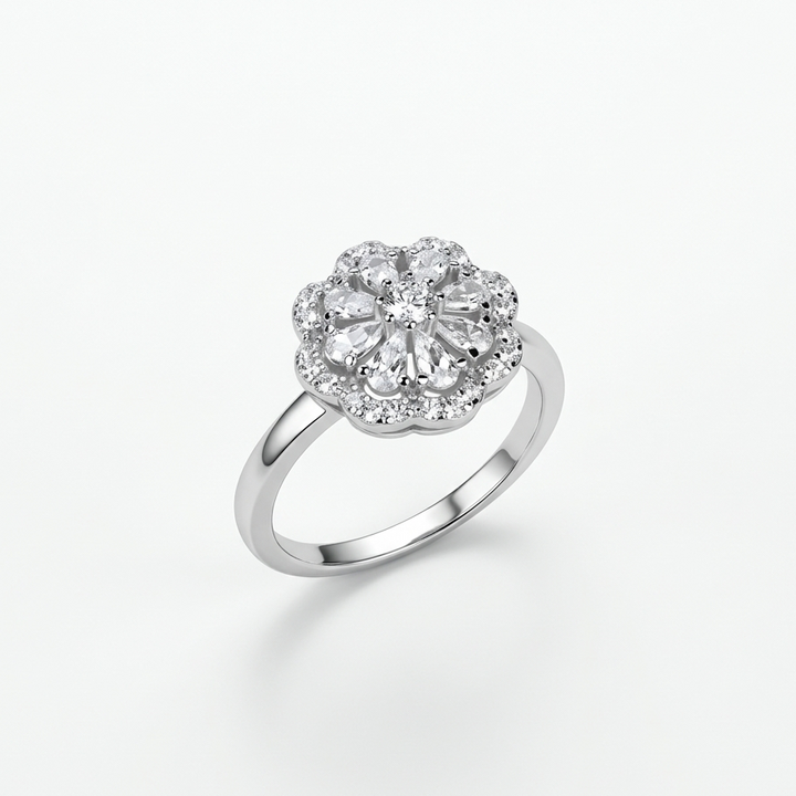 925 Sterling Silver Floral Halo Ring – Elegant Sparkling Flower Design