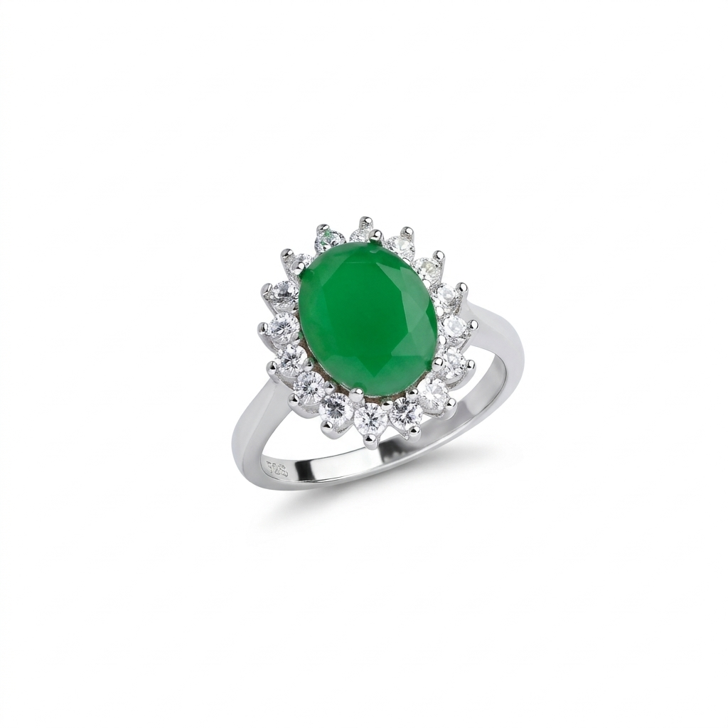Green Oval Sparkle Silver Ring