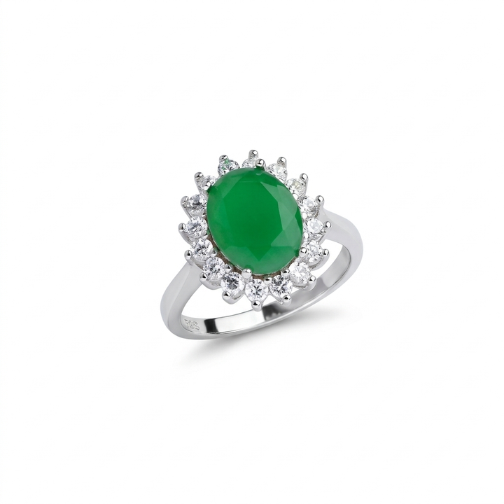 Green Oval Sparkle Silver Ring