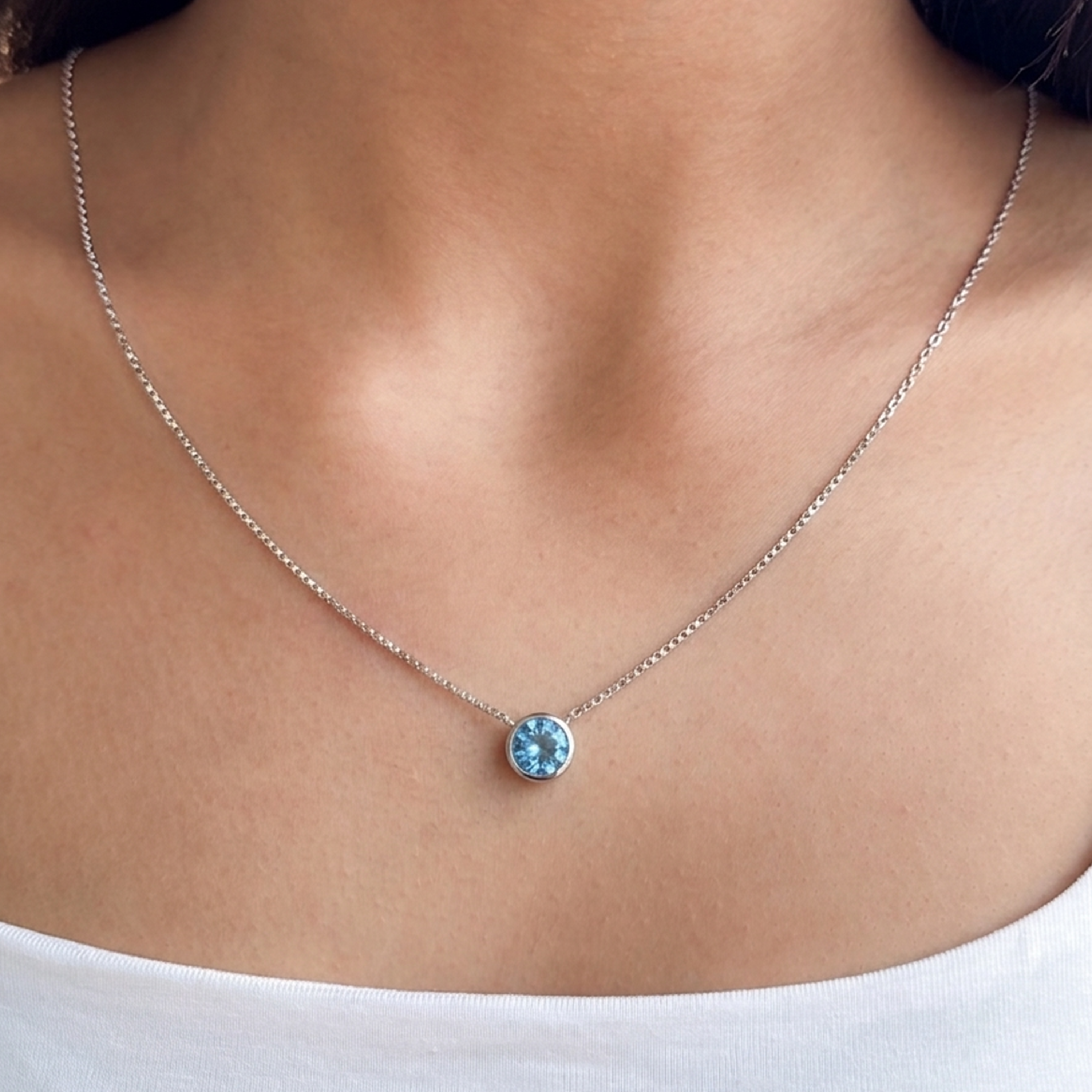 925 Sterling Silver Blue Zircon Bezel Pendant Necklace