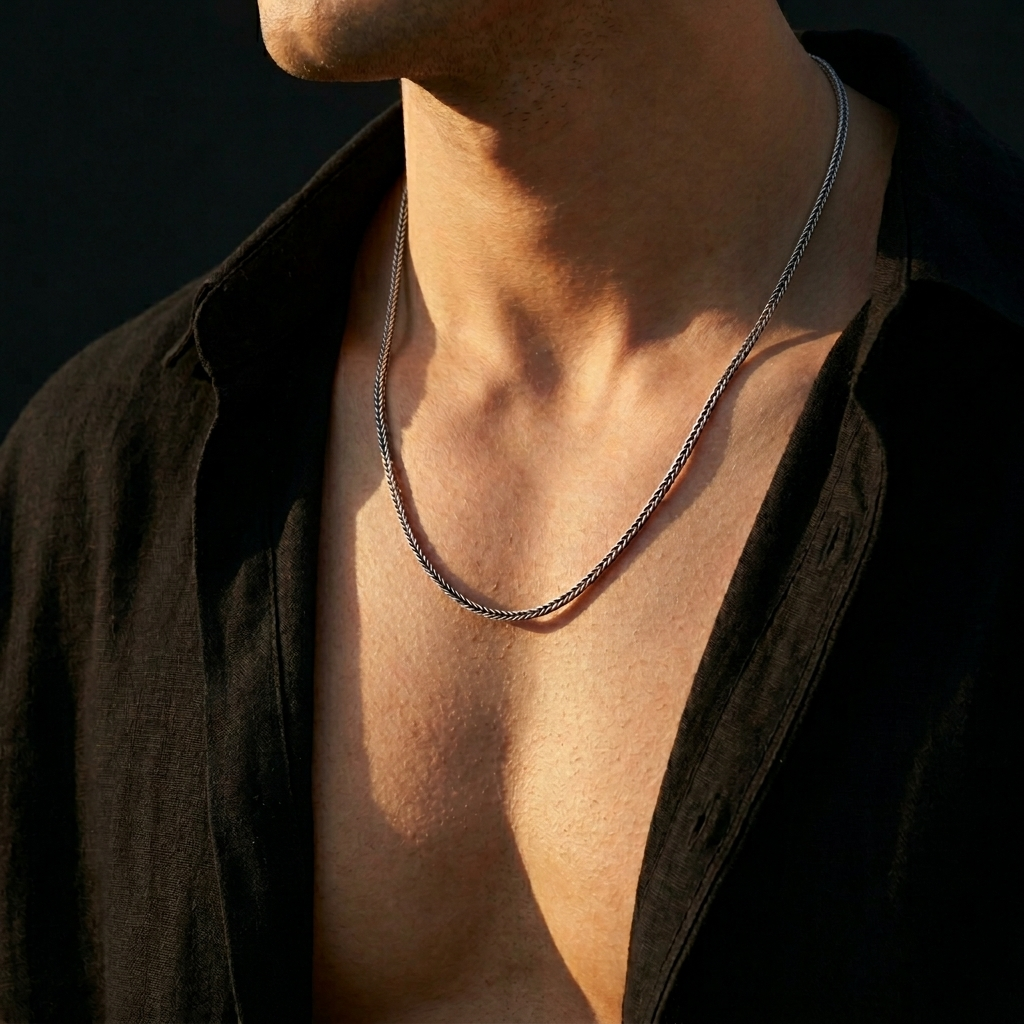 Oxidized Sterling Silver Wheat Chain Necklace for Men