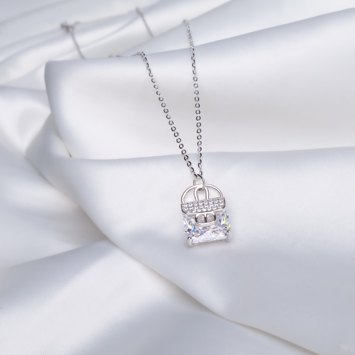 Luxe Handbag Solitaire Necklace – 925 Sterling Silver Radiant Princess-Cut Pendant