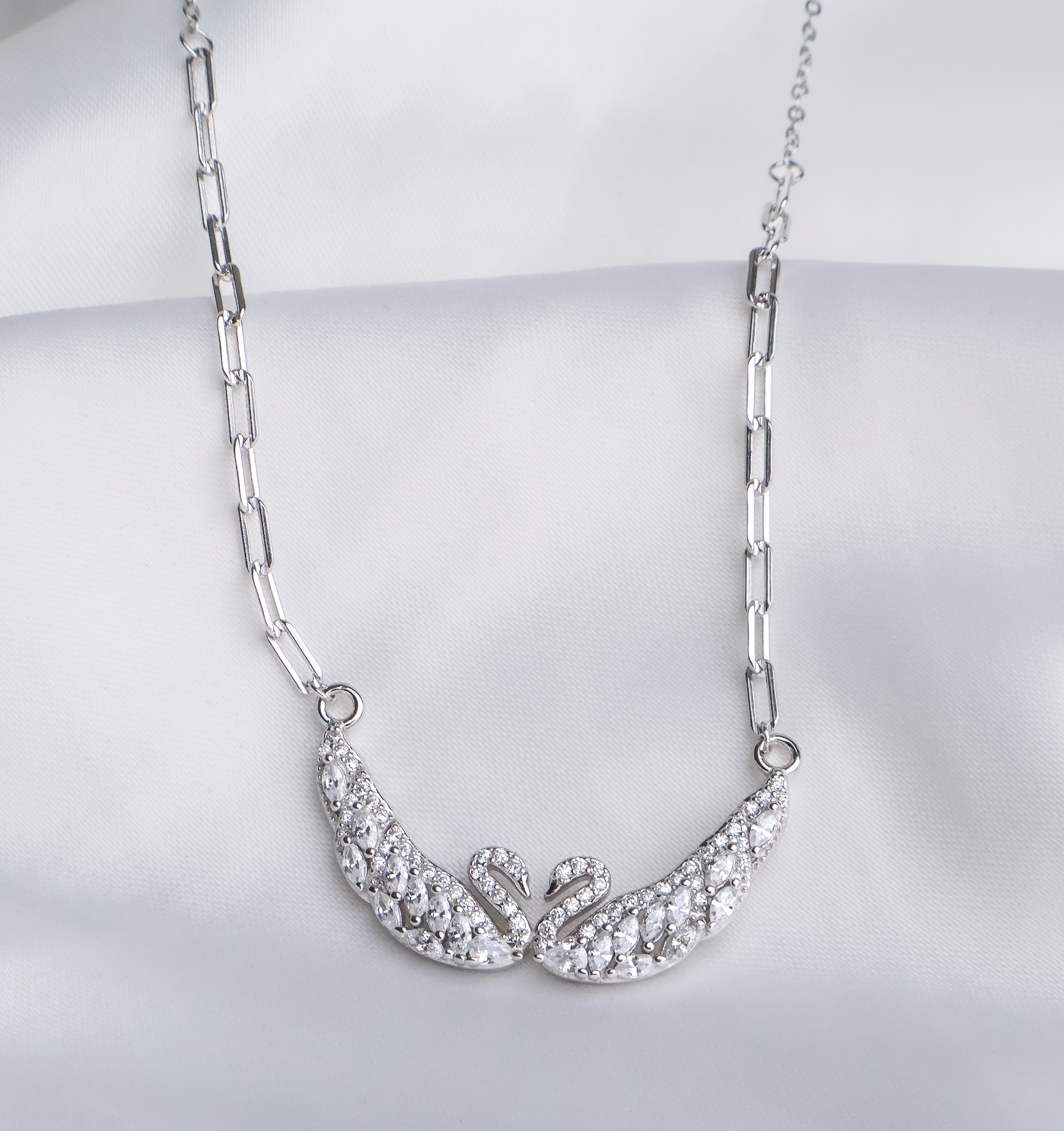 Eternal Love Dual Swan Necklace - 925 Sterling Silver Pavé Statement Piece