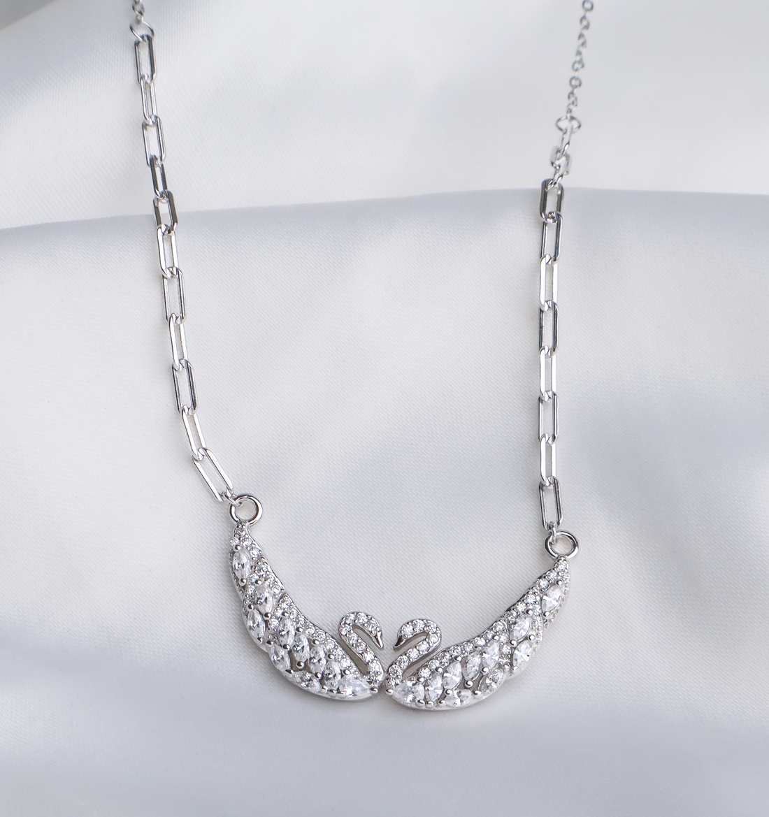 Eternal Love Dual Swan Necklace - 925 Sterling Silver Pavé Statement Piece
