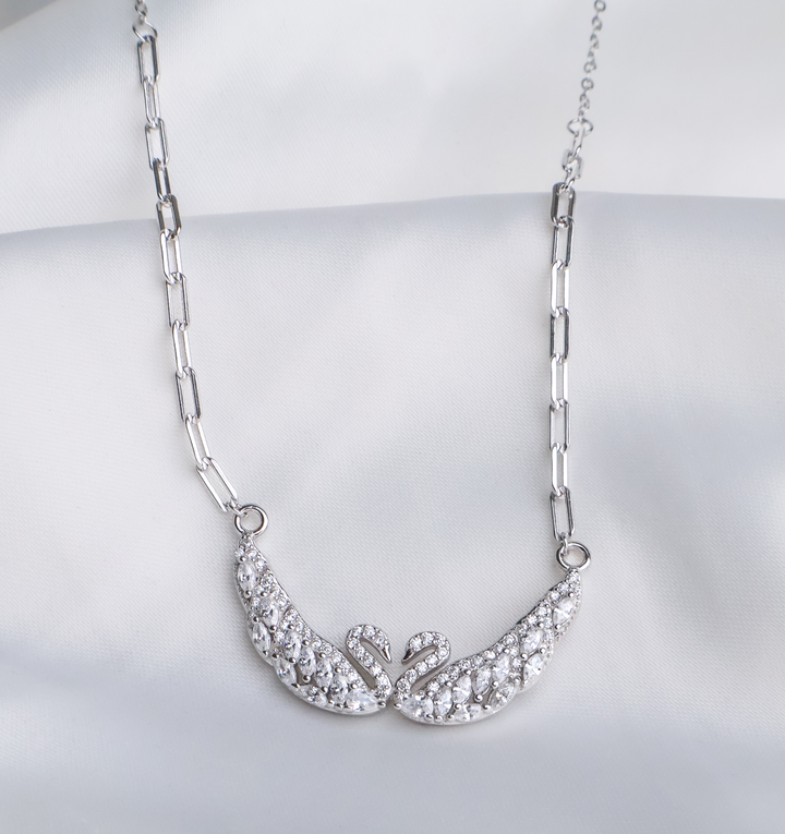 Eternal Love Dual Swan Necklace - 925 Sterling Silver Pavé Statement Piece