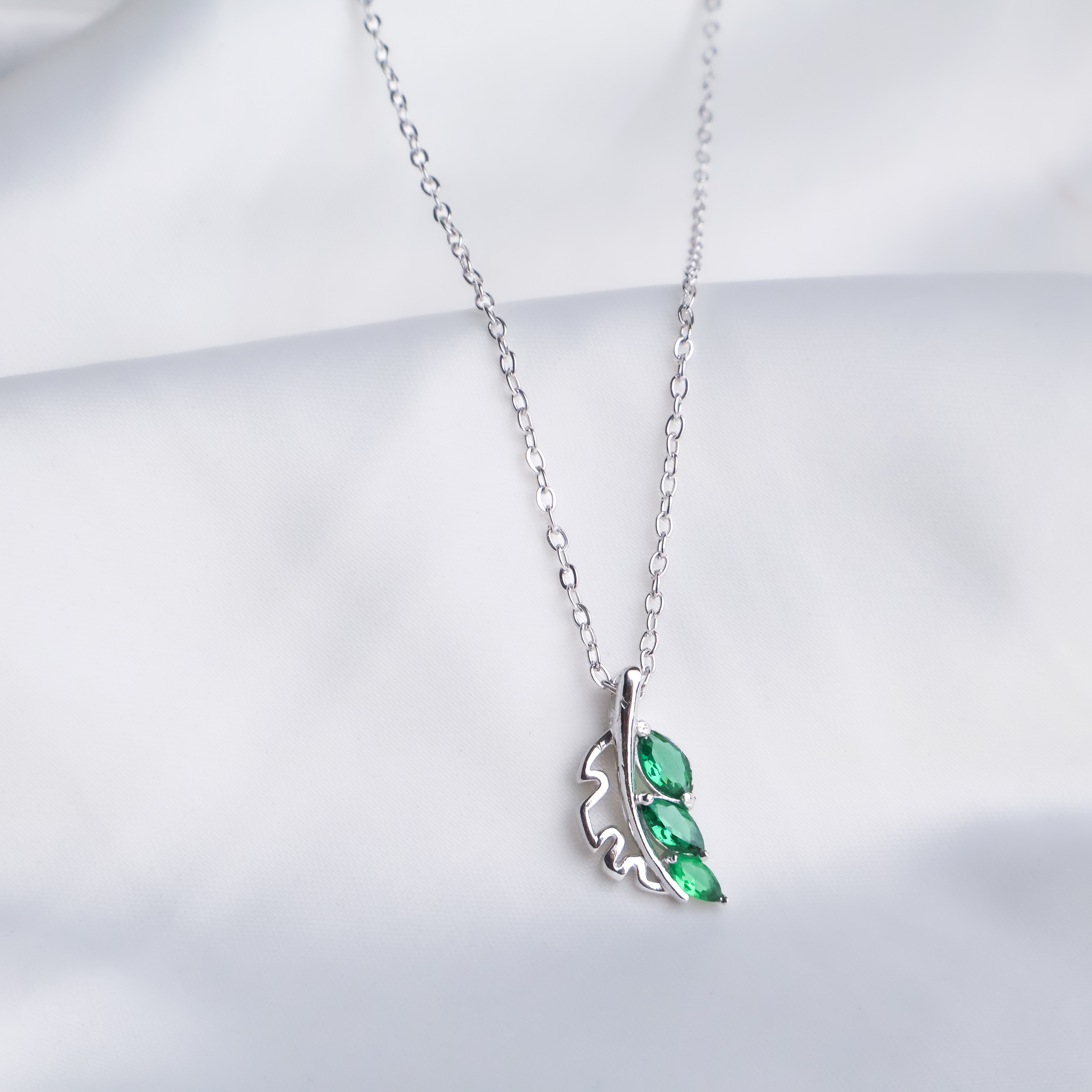 Enchanted Emerald Leaf Necklace - 925 Sterling Silver Marquise Botanical Pendant