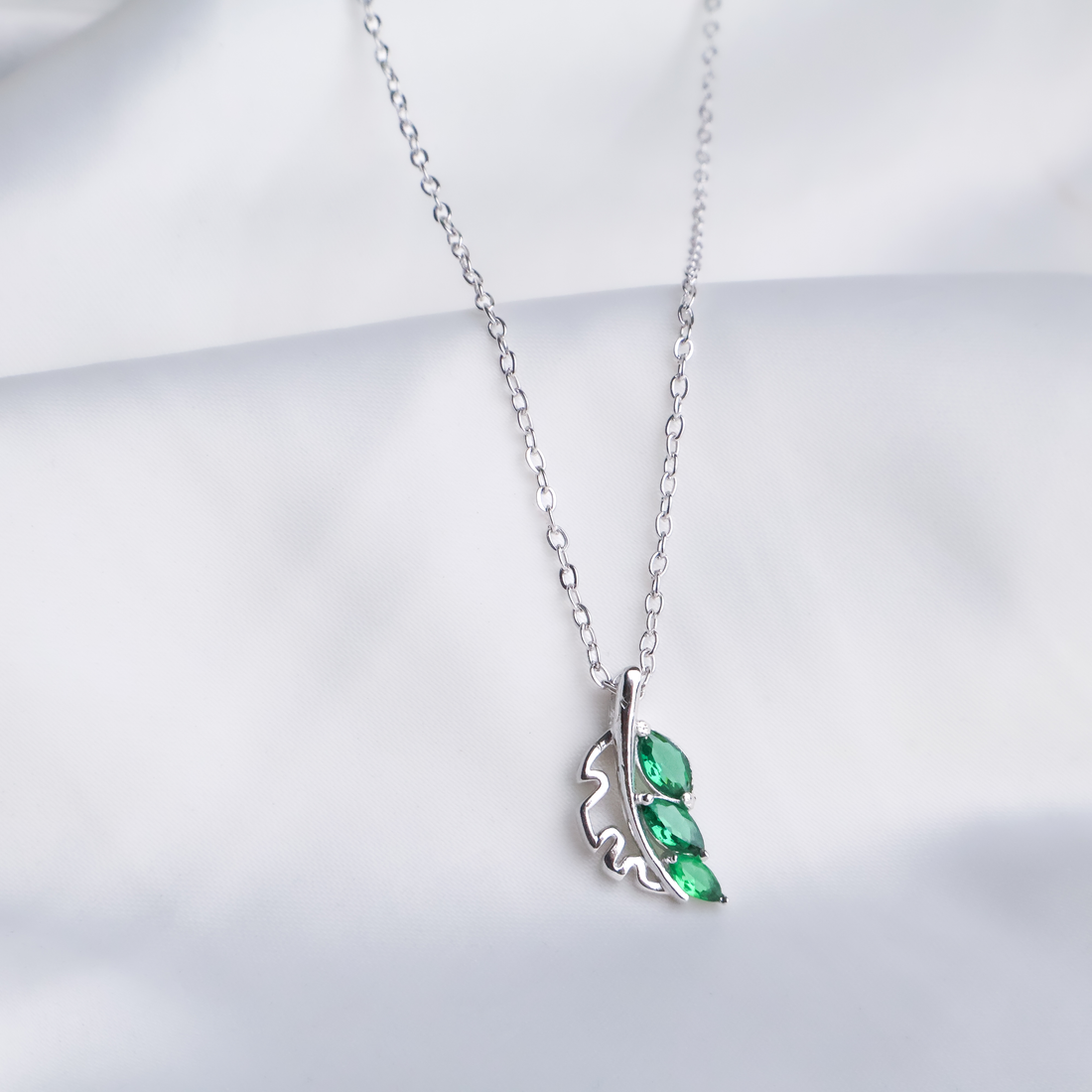 Enchanted Emerald Leaf Necklace - 925 Sterling Silver Marquise Botanical Pendant