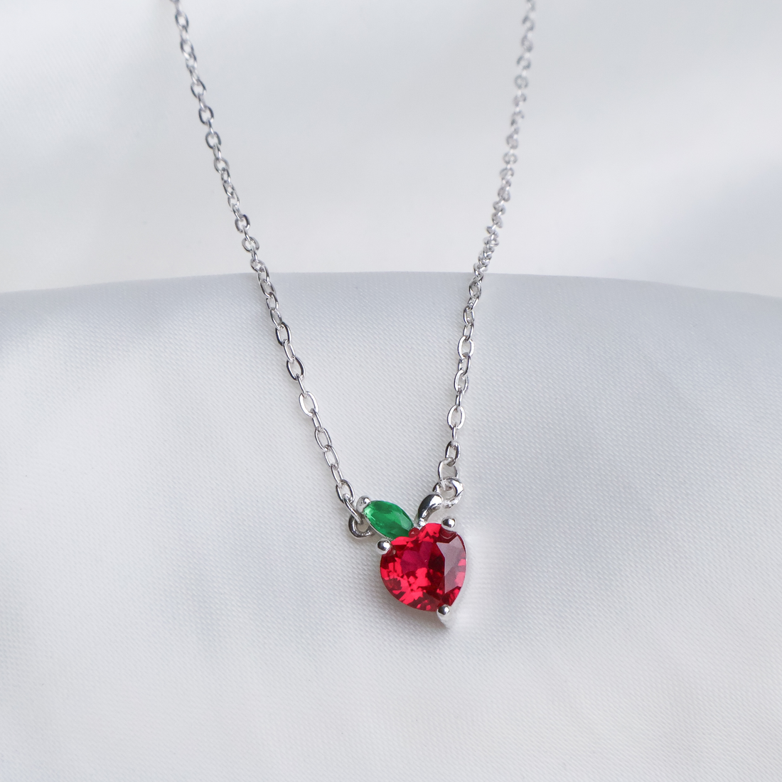 Sweet Cherry Heart Pendant Necklace - 925 Sterling Silver with Vibrant Ruby Zirconia