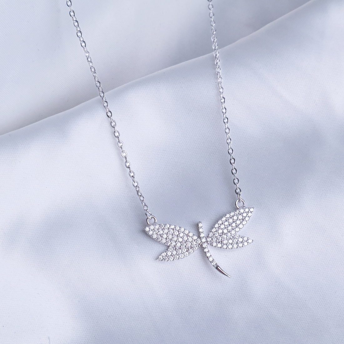 Shimmering Dragonfly Pendant Necklace - Pavé-Set 925 Sterling Silver Nature-Inspired Jewelry