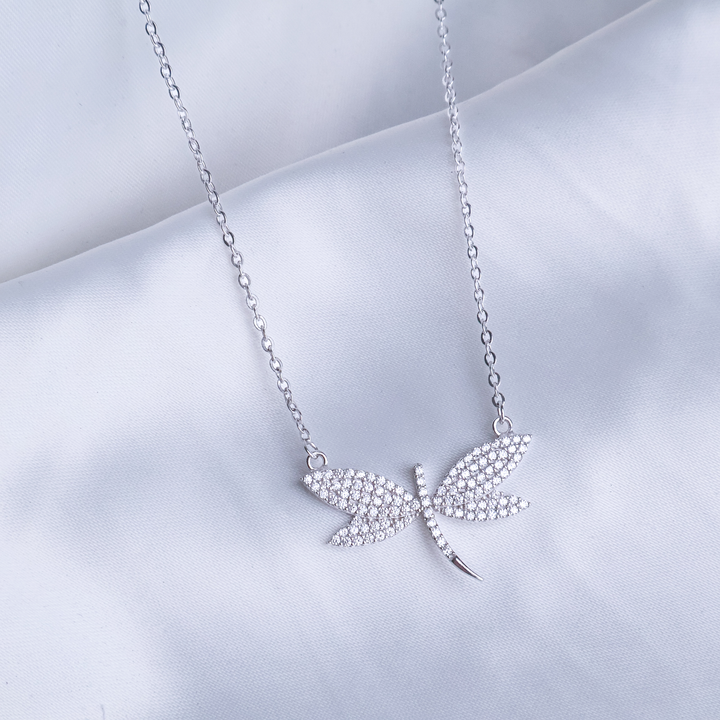 Shimmering Dragonfly Pendant Necklace - Pavé-Set 925 Sterling Silver Nature-Inspired Jewelry