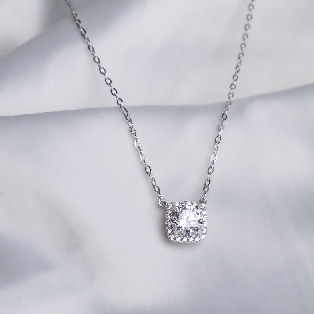 Classic Cushion-Cut Halo Pendant Necklace - 925 Sterling Silver