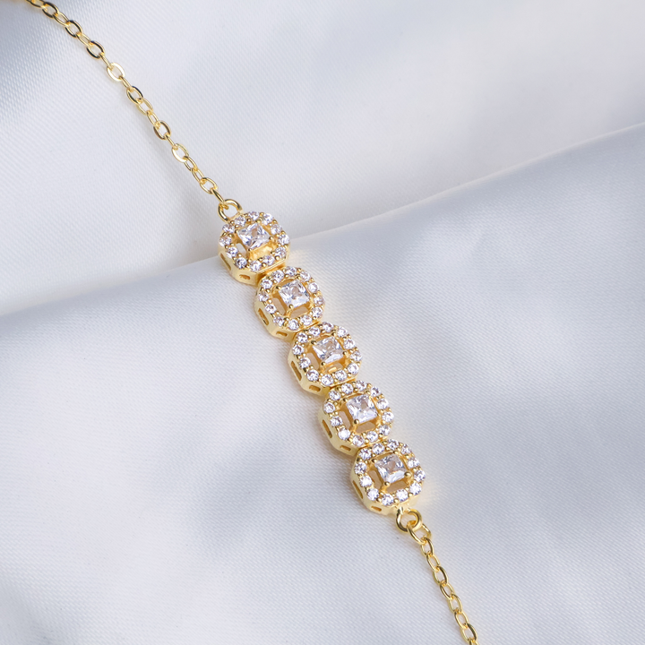 Golden Radiance Quintet Halo Bracelet – 925 Sterling Silver