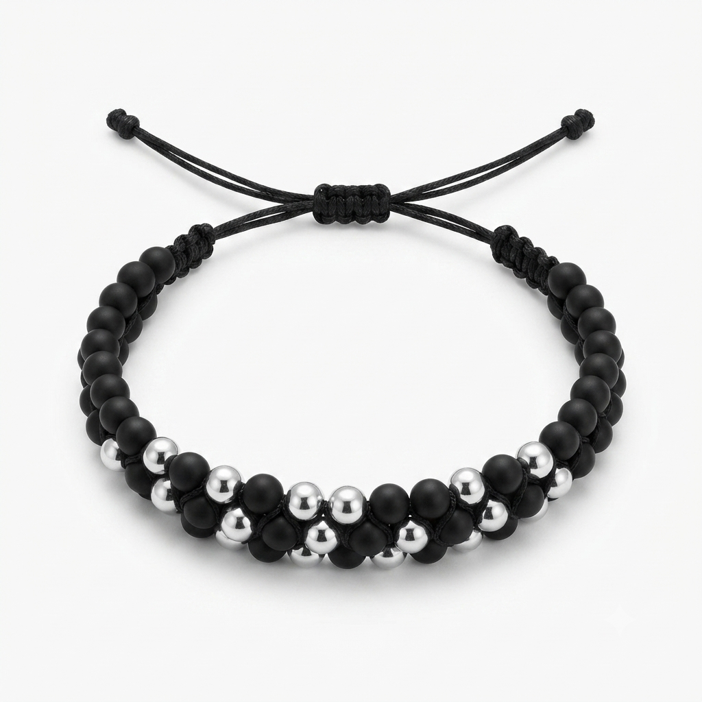 Men's Double-Row Braided Bracelet - Matte Black & 925 Sterling Silver Beads