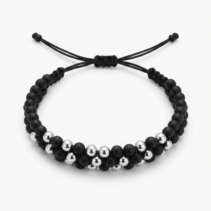 Men's Double-Row Braided Bracelet - Matte Black & 925 Sterling Silver Beads