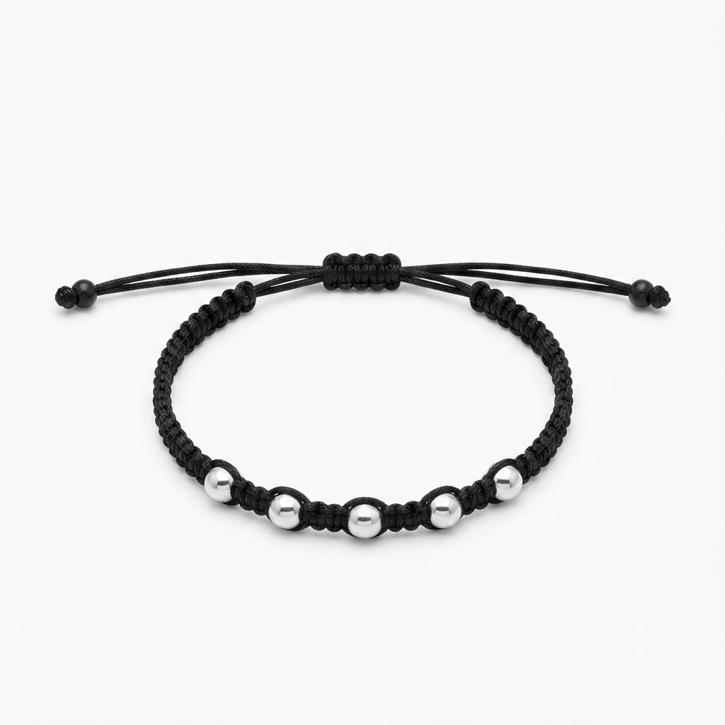 Men's Handcrafted Black Macrame Bracelet with 5 Sterling Silver Beads
