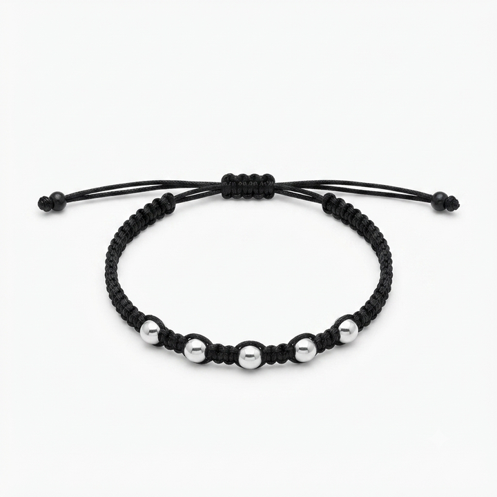Men's Handcrafted Black Macrame Bracelet with 5 Sterling Silver Beads