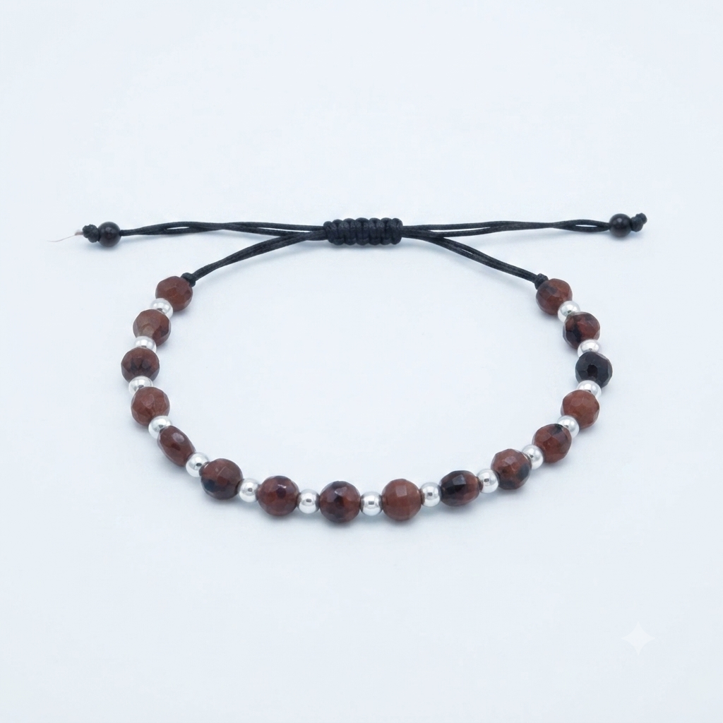 Men’s Minimalist Faceted Brown Stone Bracelet (Silver Accent Beads)