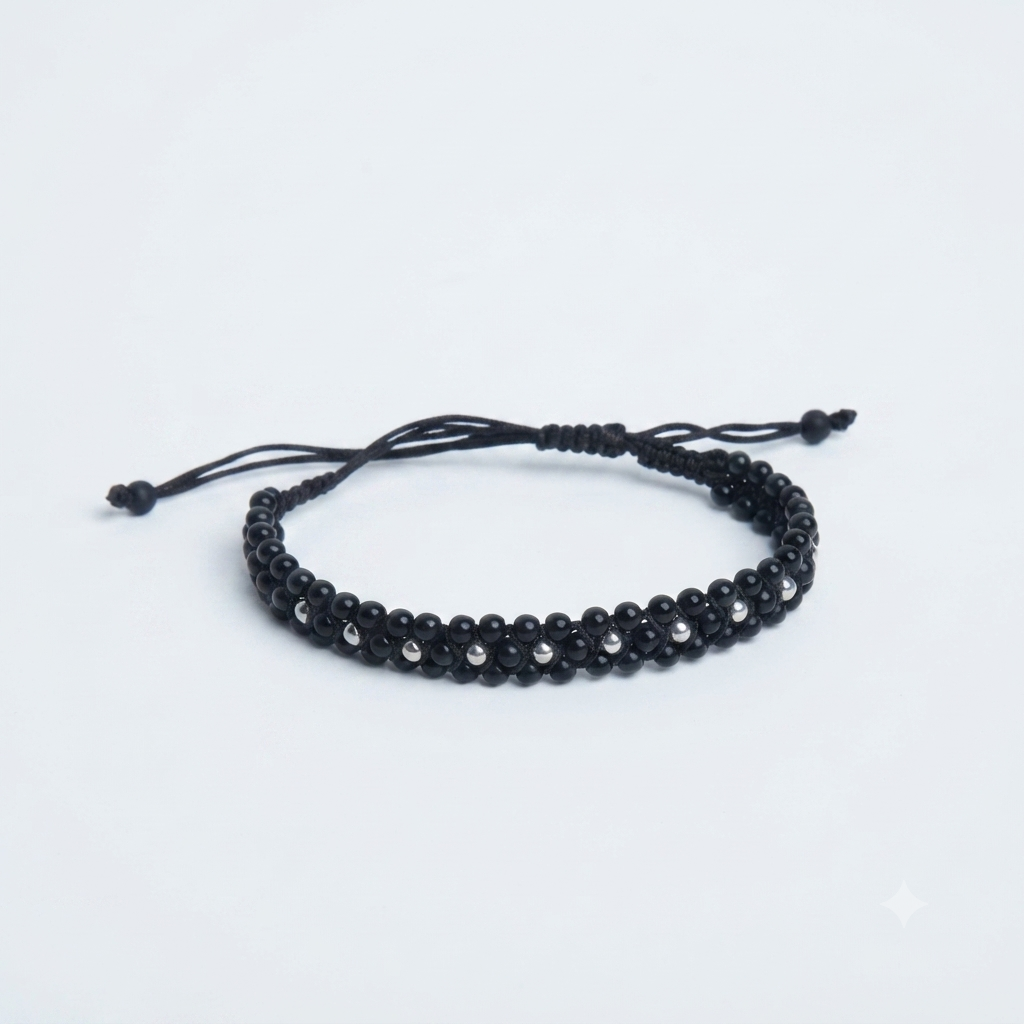 Men's Hand-Woven Black Cord Bracelet with 10 Pieces of 925 Sterling Silver Beads