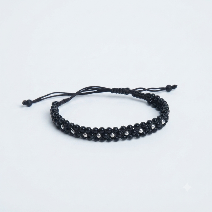 Men's Hand-Woven Black Cord Bracelet with 10 Pieces of 925 Sterling Silver Beads