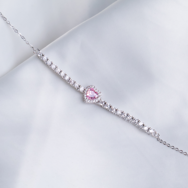 Blushing Heart Pink Sapphire Tennis Bracelet – 925 Sterling Silver Romantic Halo Statement