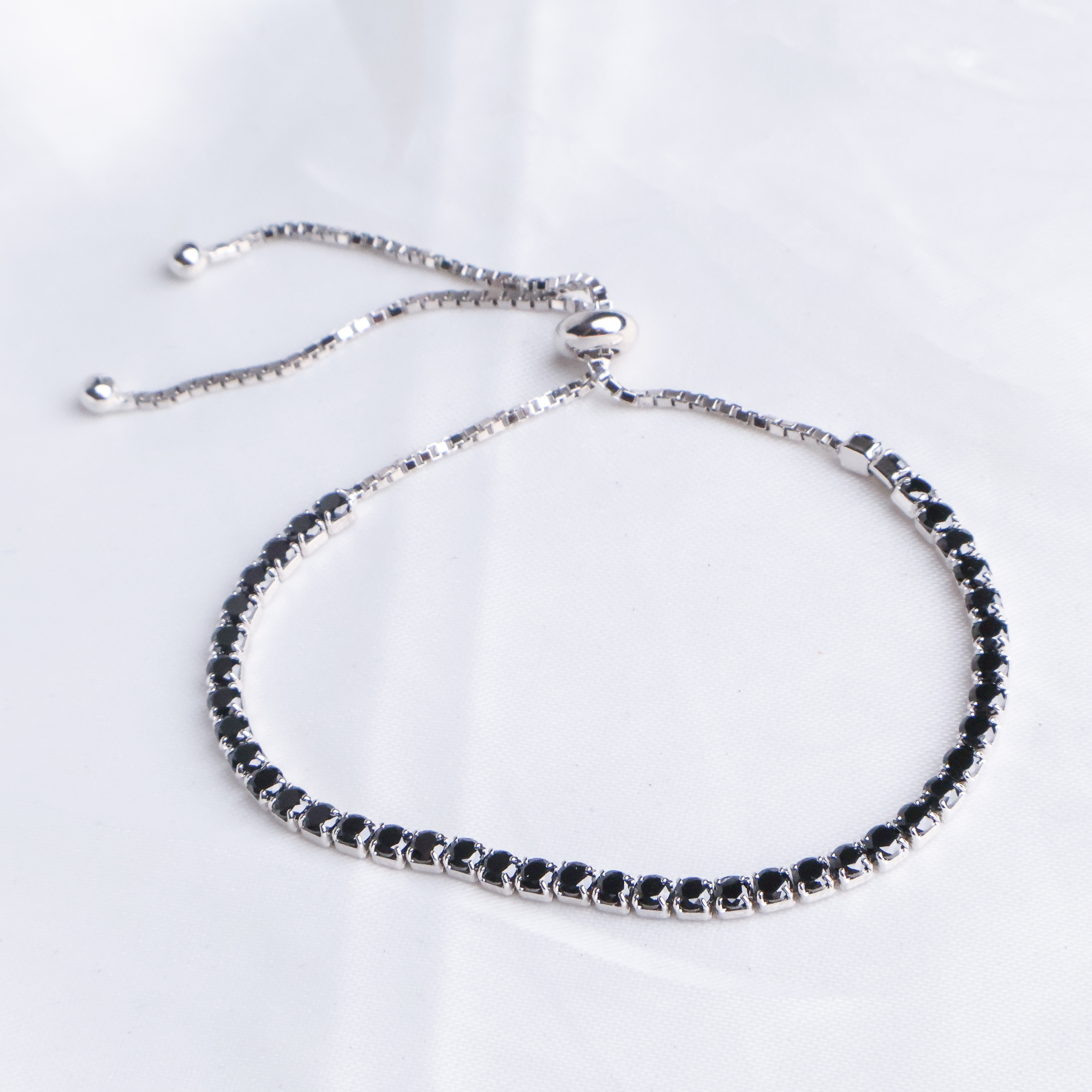 Midnight Sparkle Black Onyx Tennis Bracelet - 925 Sterling Silver Adjustable Slider