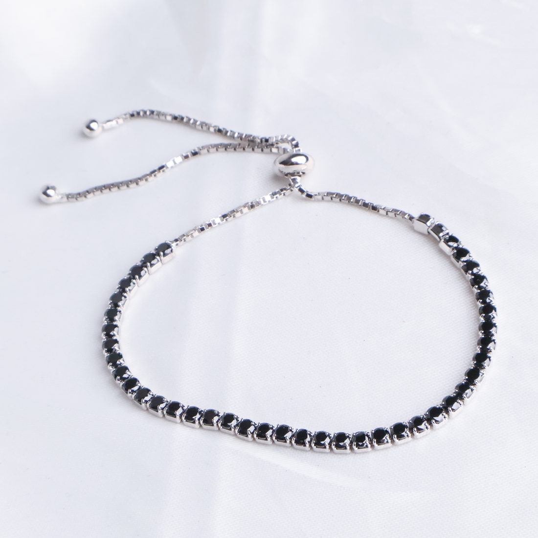 Midnight Sparkle Black Onyx Tennis Bracelet - 925 Sterling Silver Adjustable Slider