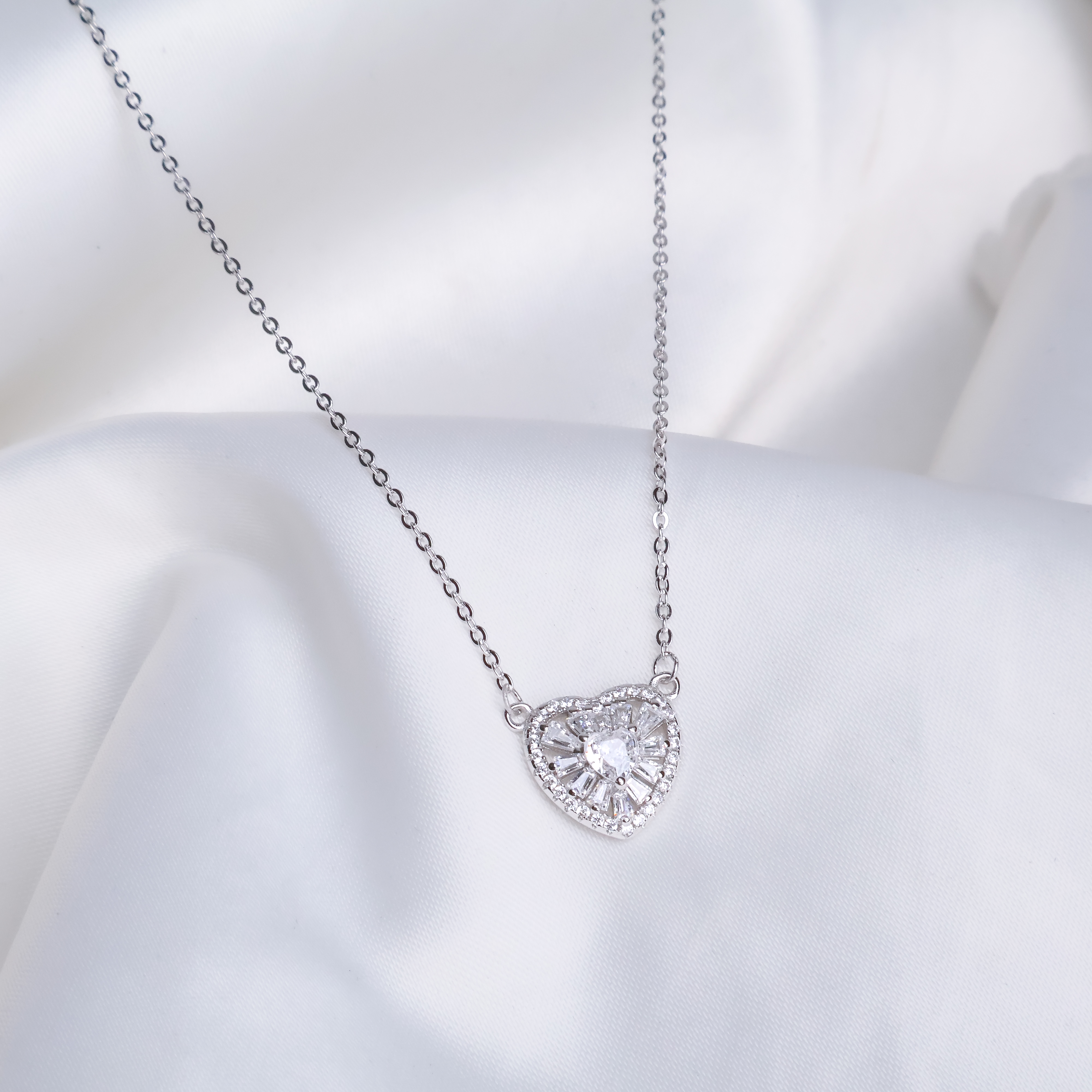 Radiant Heart Mosaic Pendant Necklace – 925 Sterling Silver Baguette & Pavé Halo Statement