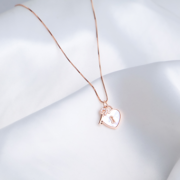 "Key to My Heart" Mother of Pearl Necklace - 18K Rose Gold on 925 Sterling Silver