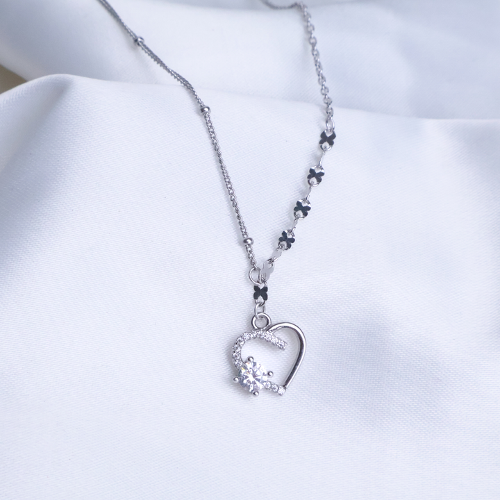 Enchanted Heart Silhouette Necklace – 925 Sterling Silver Butterfly Accent Chain