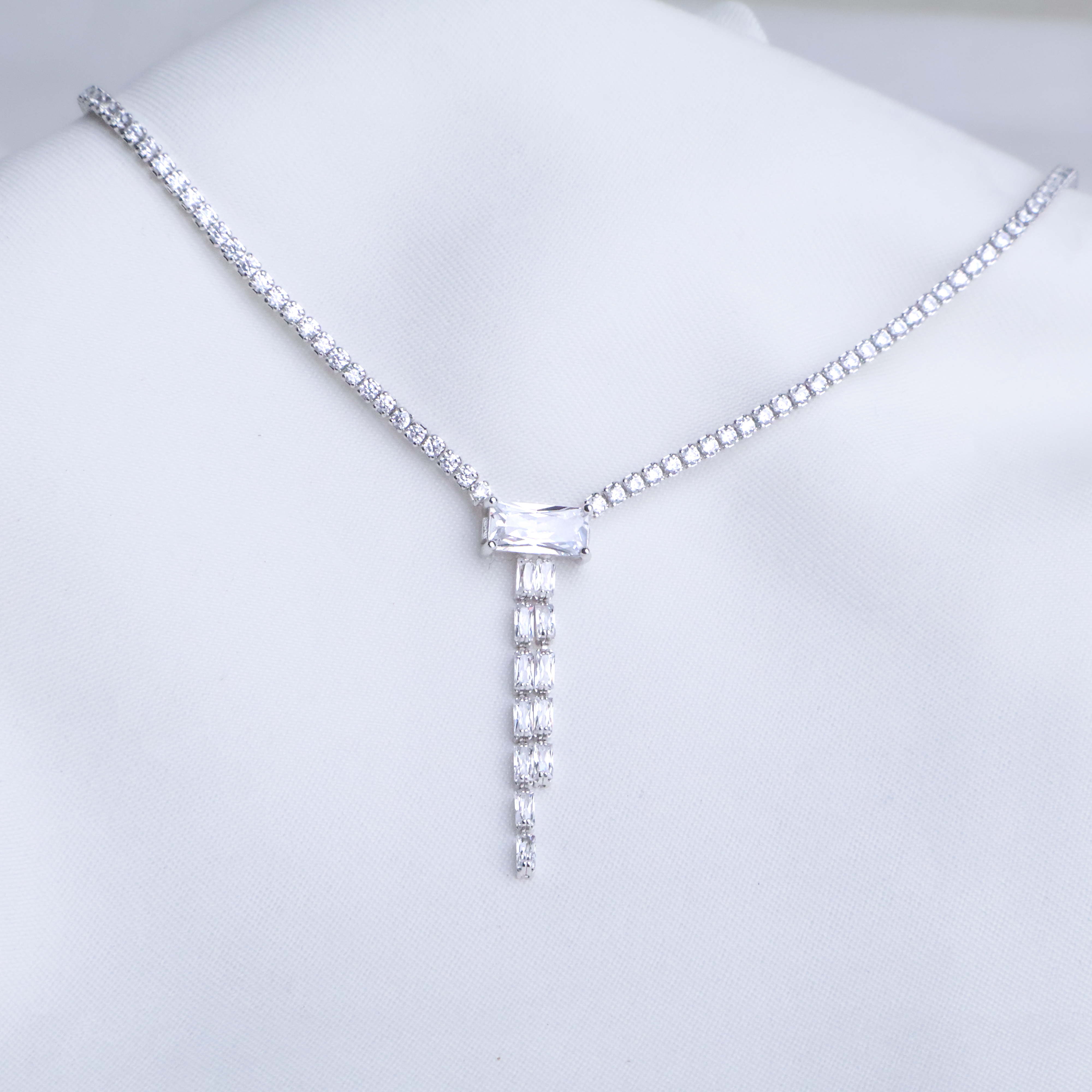 Radiant Baguette Drop Tennis Necklace in 925 Sterling Silver, 3ml