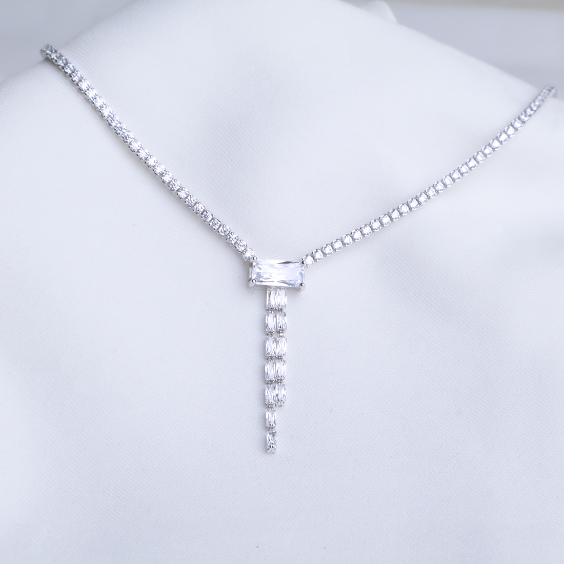 Radiant Baguette Drop Tennis Necklace in 925 Sterling Silver, 3ml