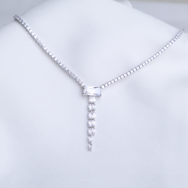 Radiant Baguette Drop Tennis Necklace in 925 Sterling Silver, 3ml