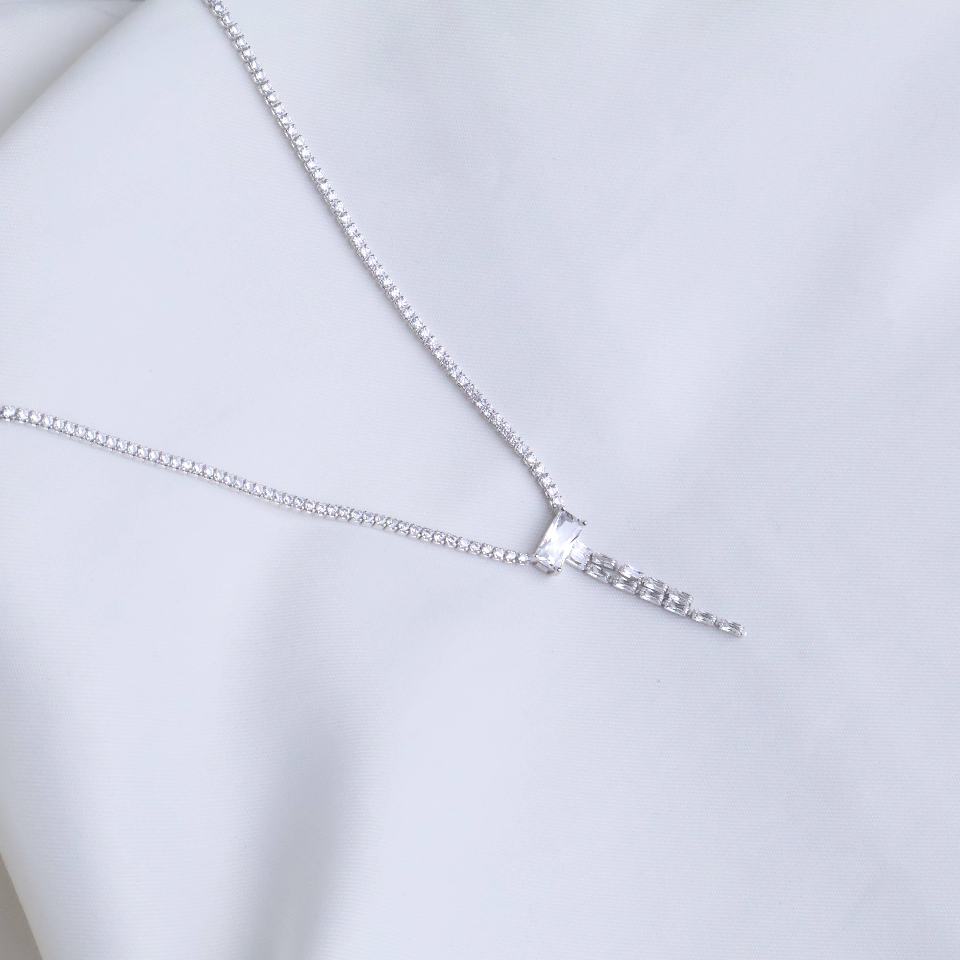 Radiant Baguette Drop Tennis Necklace in 925 Sterling Silver, 3ml