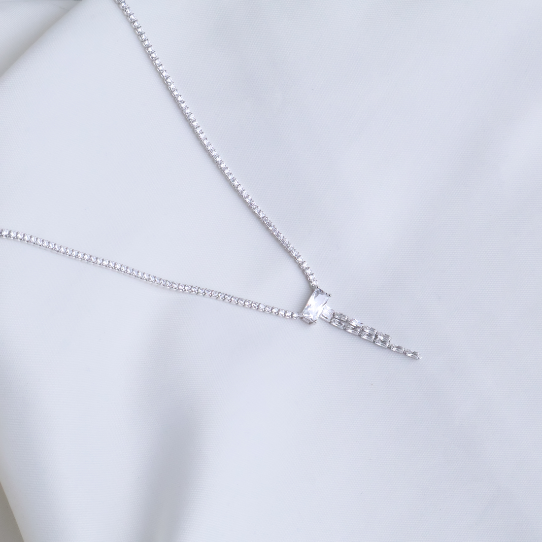 Radiant Baguette Drop Tennis Necklace in 925 Sterling Silver, 3ml