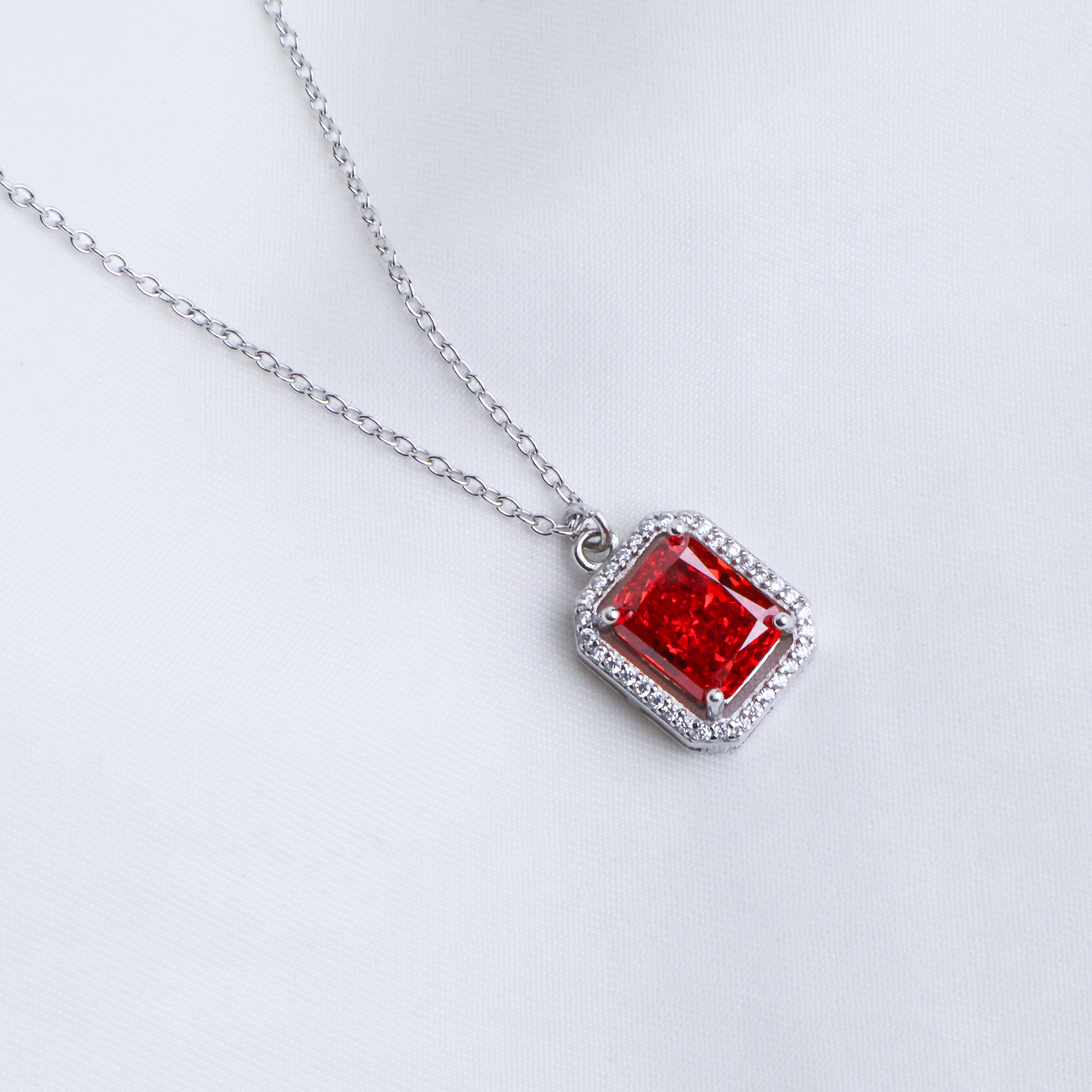 Scarlet Radiance Emerald-Cut Halo Necklace in 925 Sterling Silver