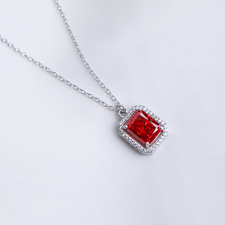 Scarlet Radiance Emerald-Cut Halo Necklace in 925 Sterling Silver