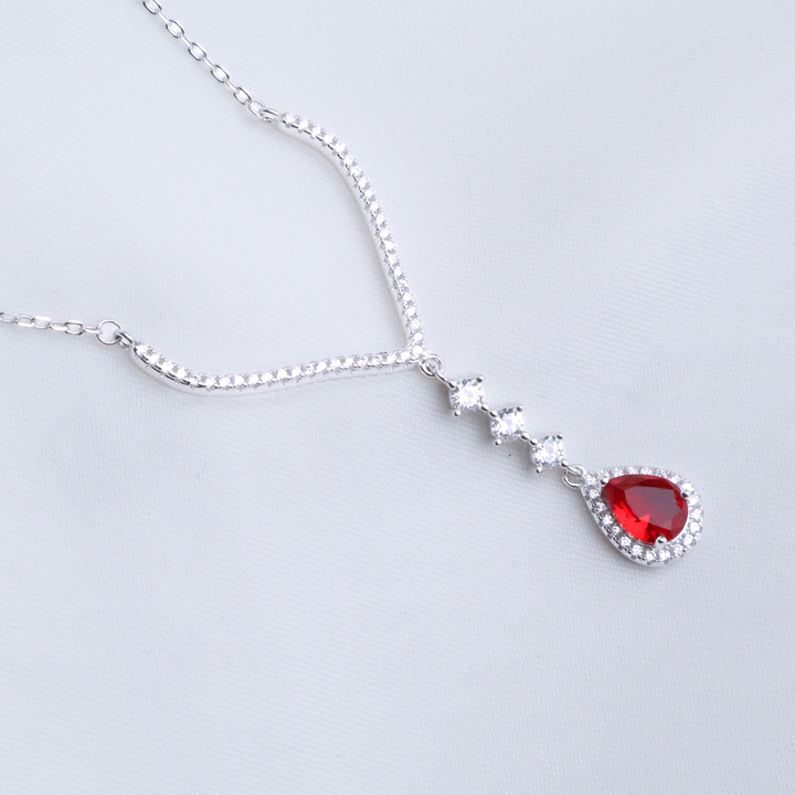 Ruby Red Teardrop Zircon Statement Necklace - Elegant Silver V-Shape - Sterling Silver 925