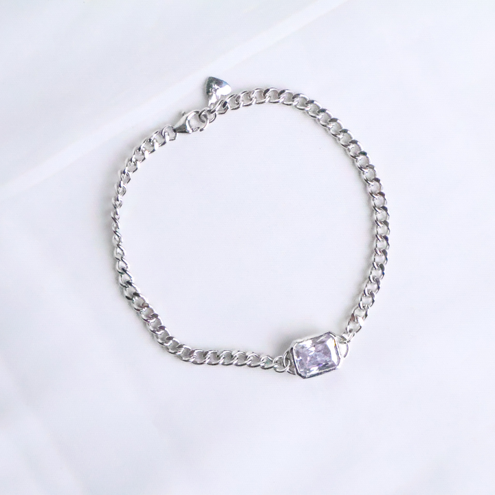Radiant Emerald-Cut Ziricon Gourmette Bracelet – 925 Sterling Silver , Lengh 18cm, Thick 4mm