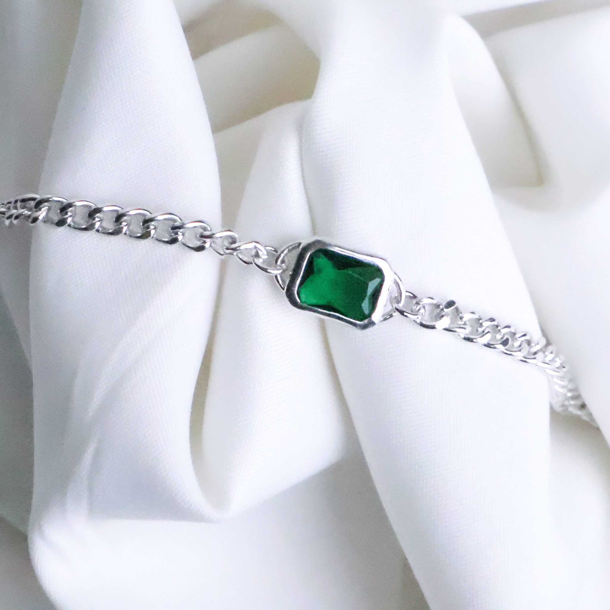 Emerald-Cut Green Ziricon Gourmette Bracelet – 925 Sterling Silver 4mm