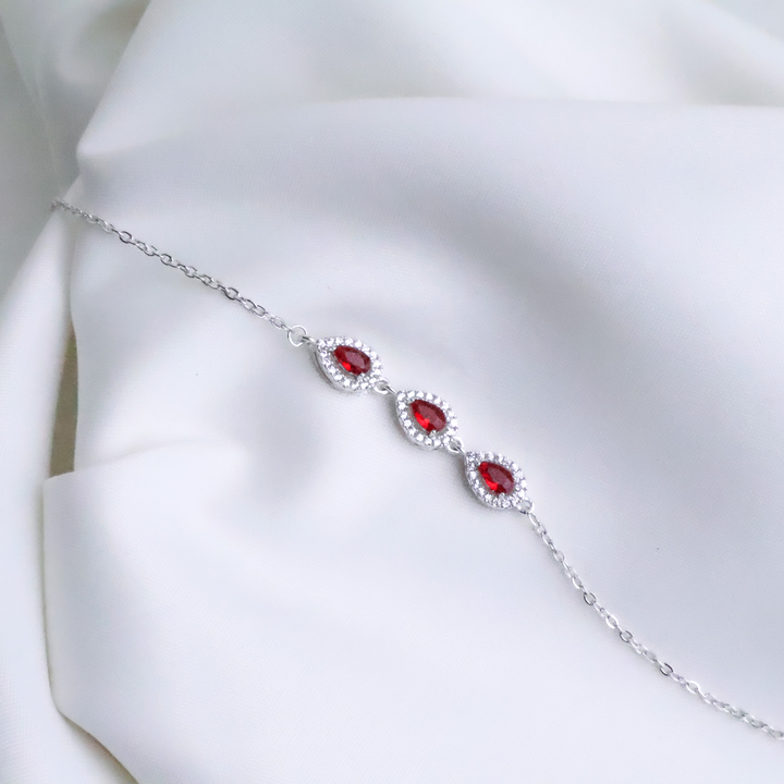 Scarlet Teardrop Trio Bracelet – 925 Sterling Silver Ruby Red, Lengh 18cm