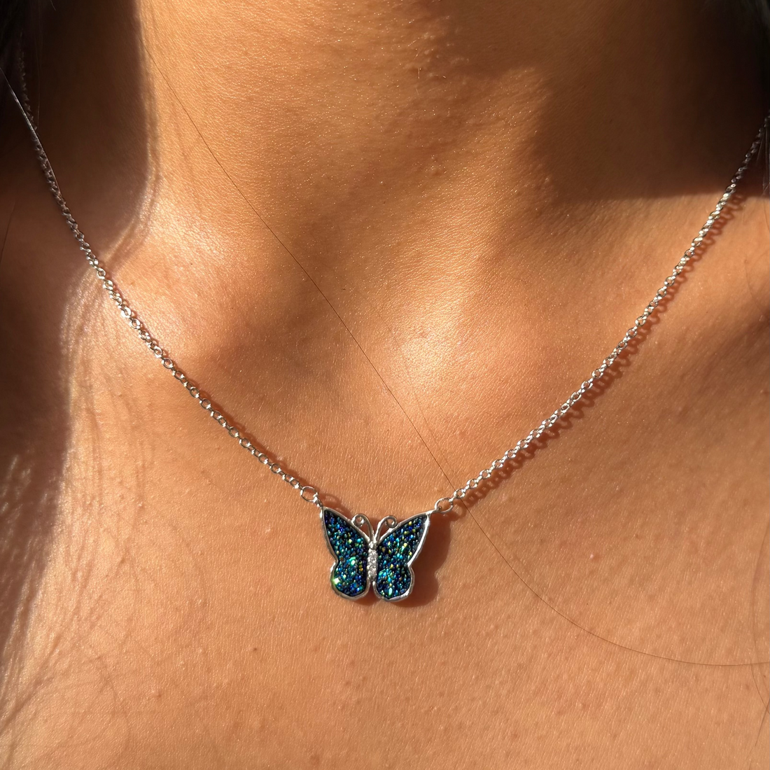 Blue Butterfly Necklace Silver