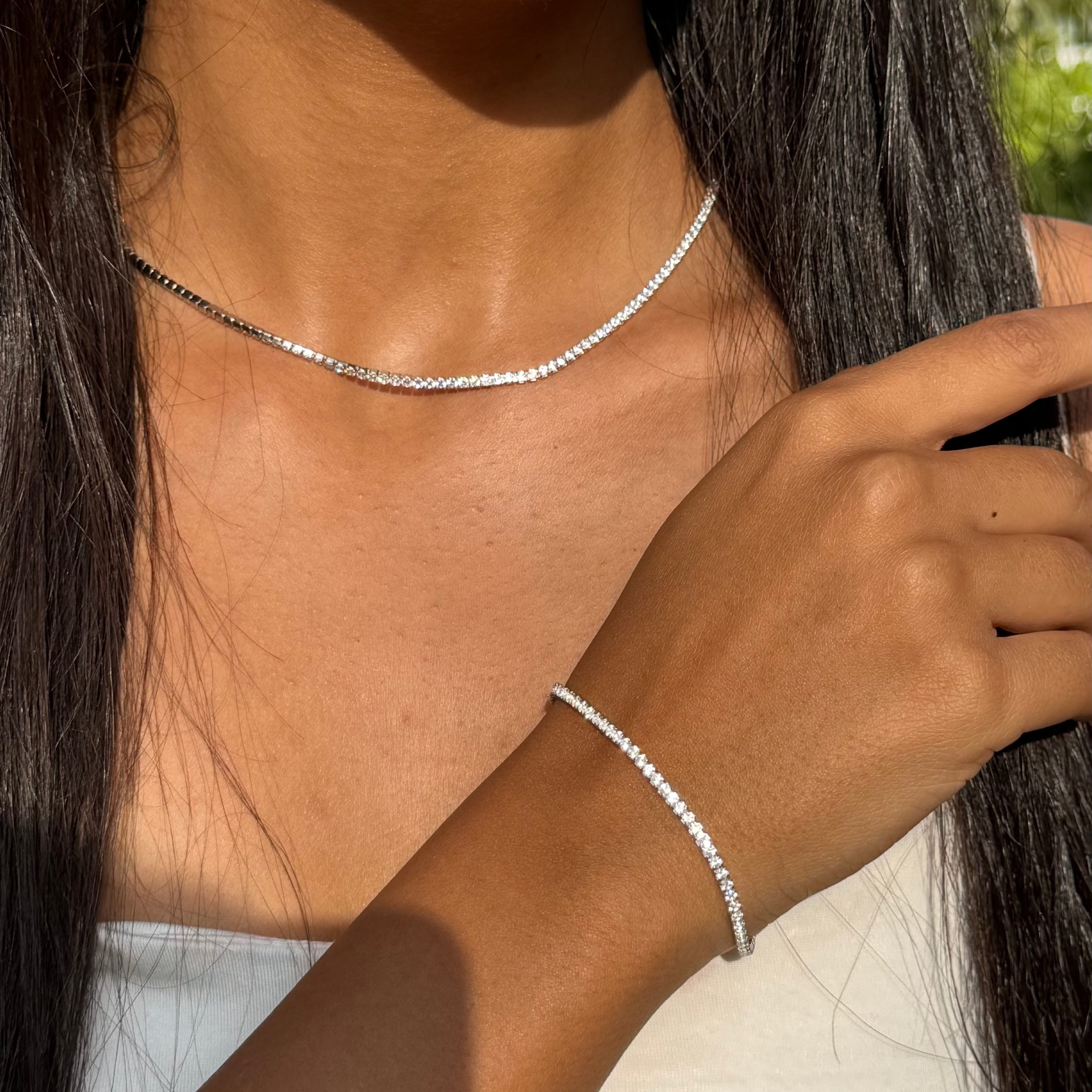 Tennis Set Necklace and Bracelet 2 pieces, Sterling Silver 925