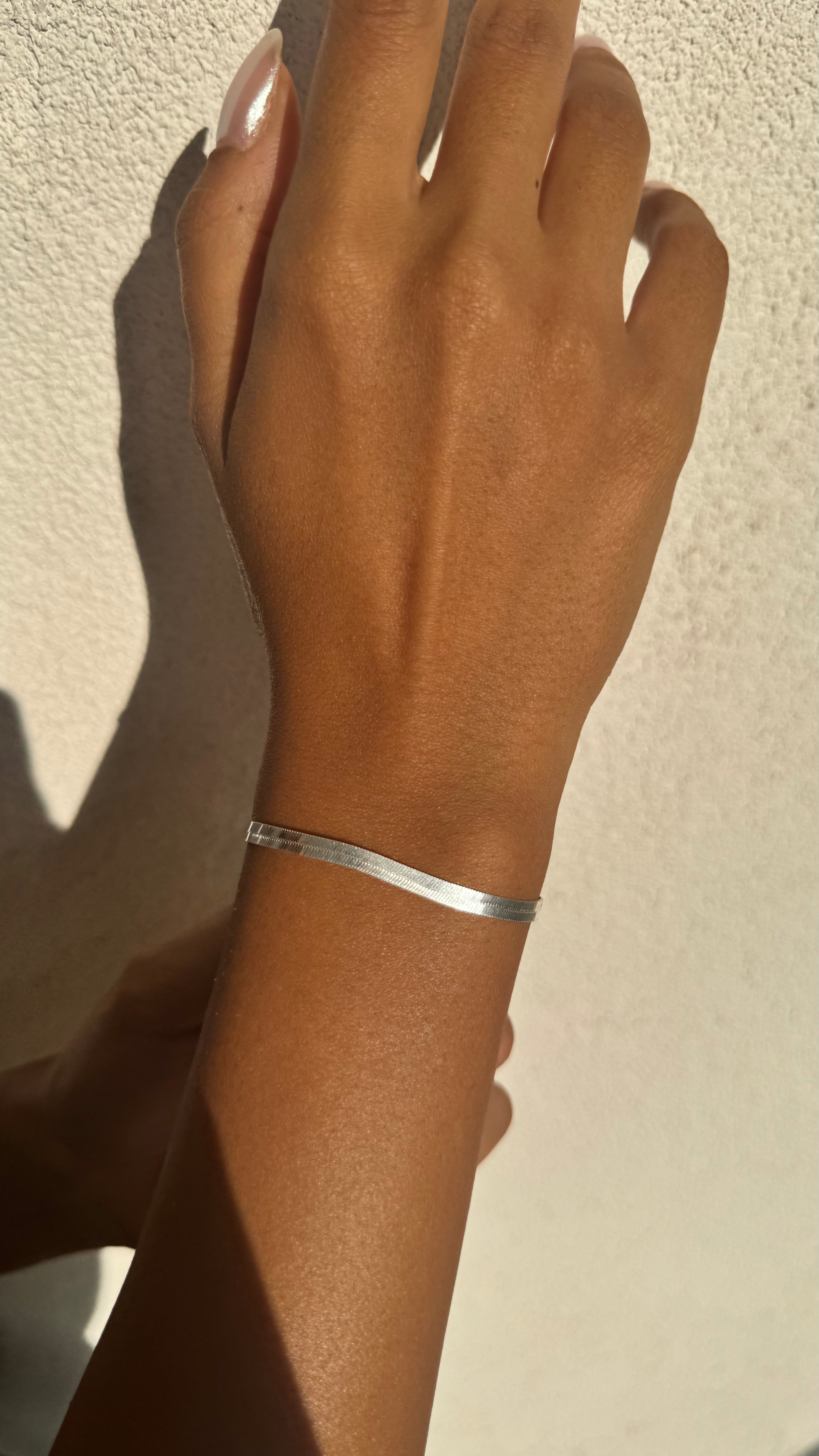Sterling Silver 925 Herringbone Snake Chain Bracelet – Classic Flat Shiny Design